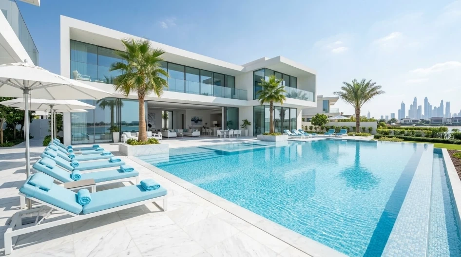 Large-scale commercial swimming pool constructed for a luxury resort in Dubai.