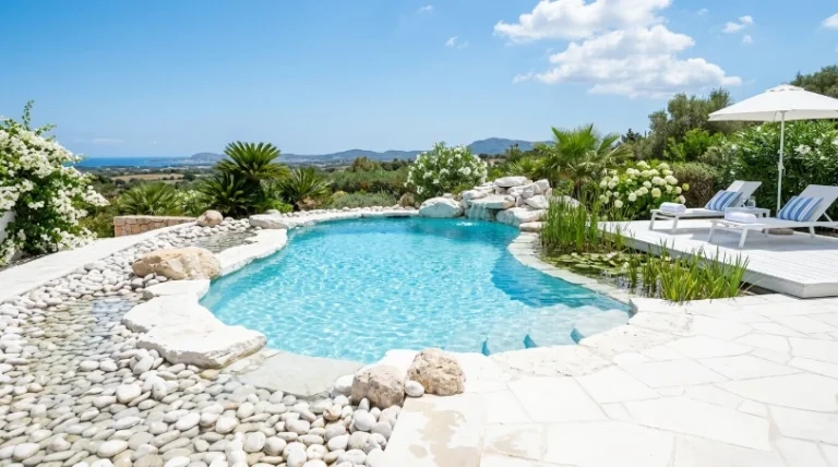 Serene, eco-friendly natural swimming pool blending perfectly with the Dubai landscape.