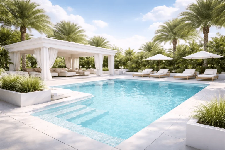 High-end custom concrete swimming pool with luxury mosaic tiles built for a premium Dubai villa.