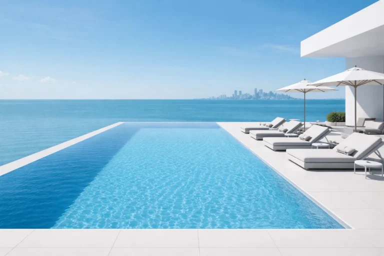 Stunning luxury infinity edge swimming pool overlooking the Dubai skyline, built by expert contractors.