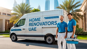 Home Renovators UAE branded white and sky-blue van parked outside a Marina villa with two qualified, uniformed technicians.