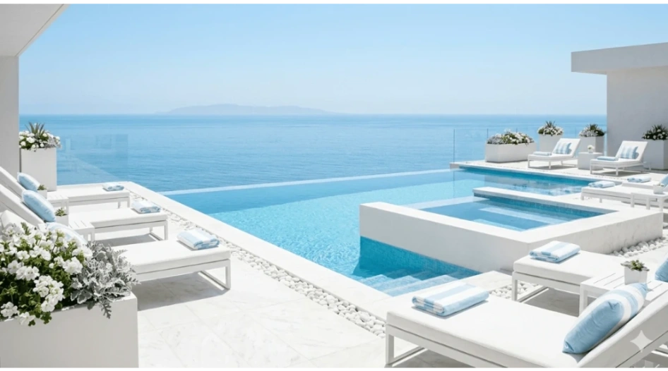 Expertly constructed backyard swimming pool for a luxury villa by top swimming pool design companies in Dubai.